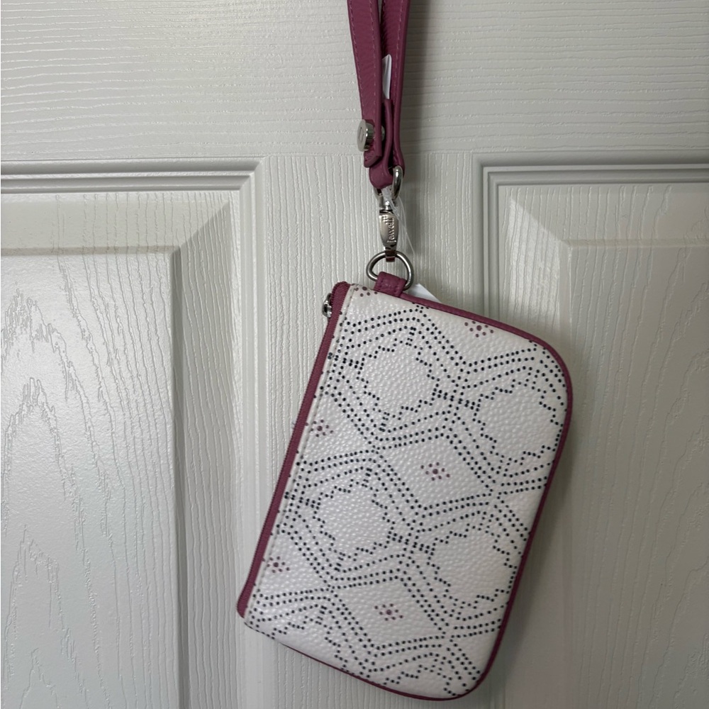 Thirty-One Pink and White Clutch Wristlet with Geometric Pattern